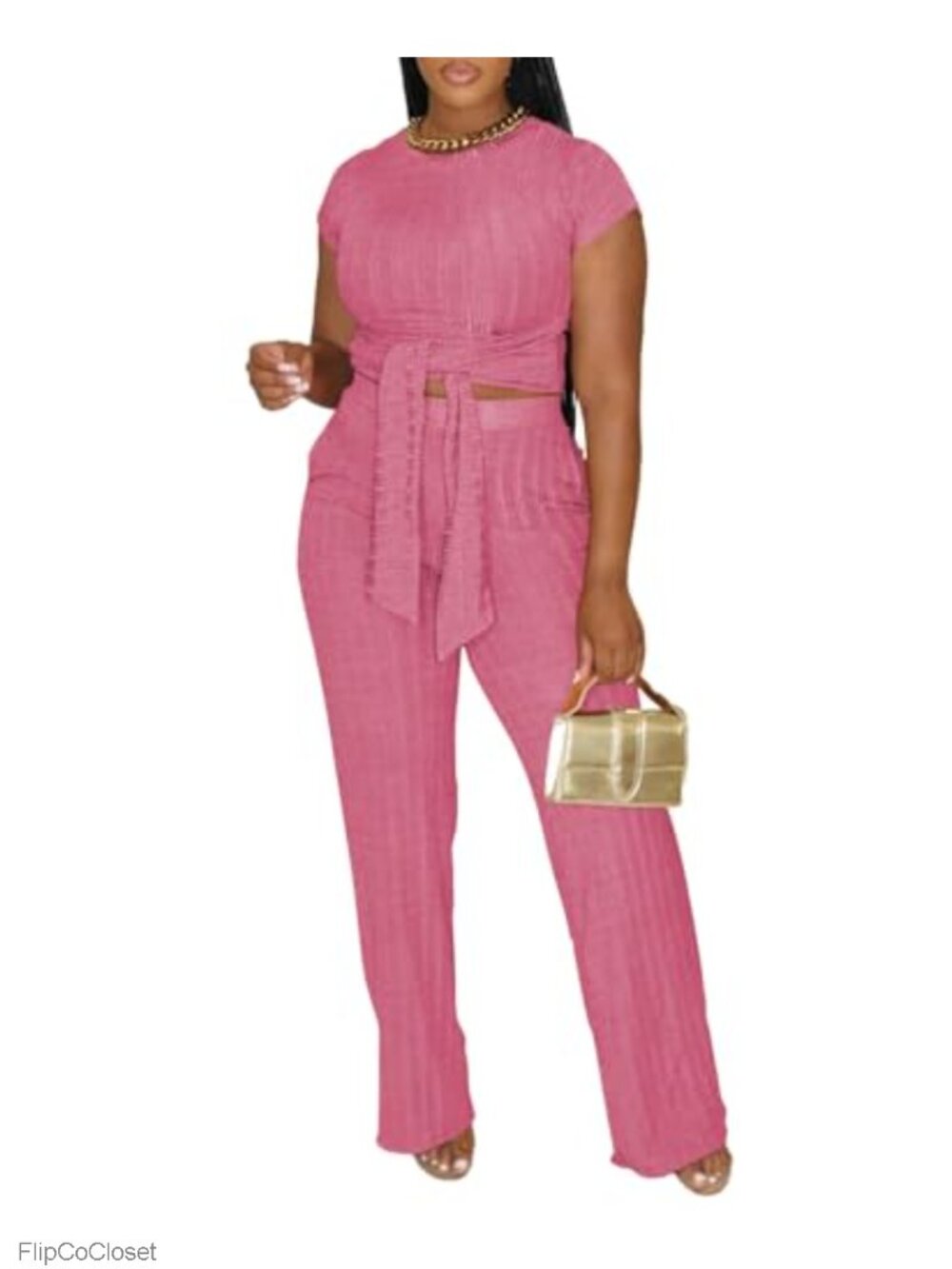 Women's 2 Piece Lounge Set Ribbed Crop Top Wide Leg Pants Casual Tracksuit